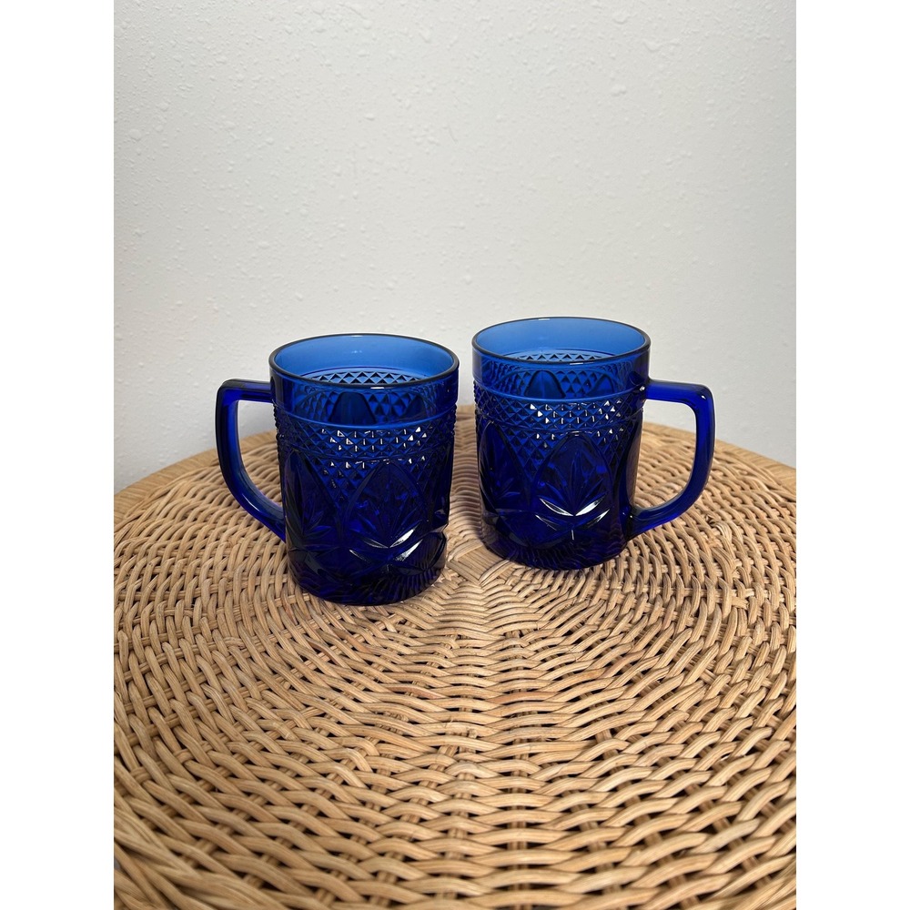 Vintage Cris D'Arques Sapphire Blue Glass Mugs Pair
